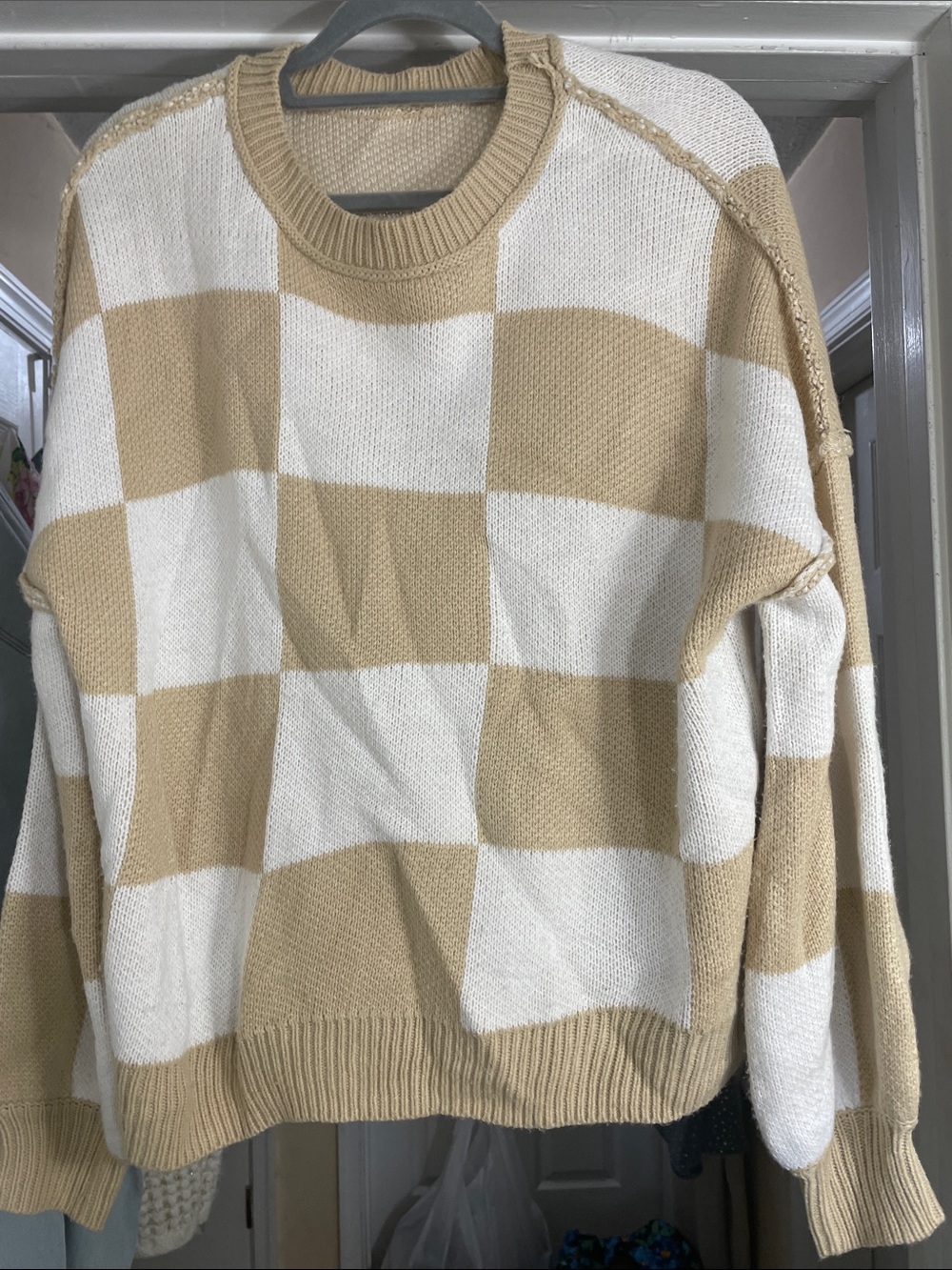 Checkerboard Crewneck Sweater in Cream and Tan